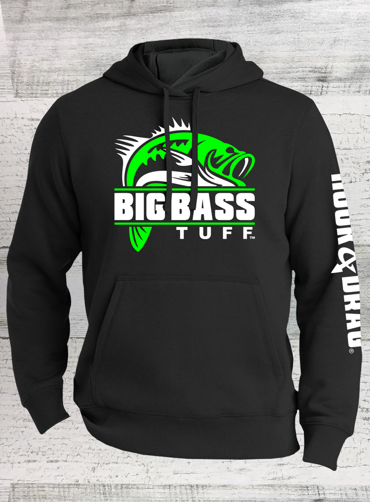 Big Bass Tuff - Bass Fishing Hoodie - Cotton Blend - Black Pullover Hooded Sweatshirt